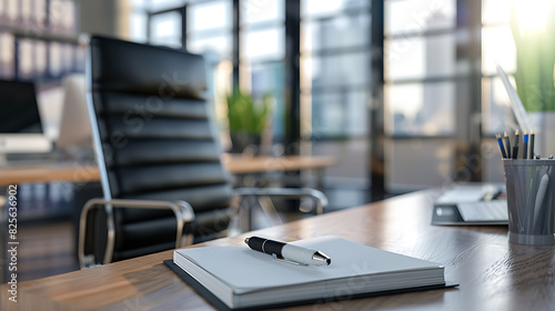 Desk Setup in Contemporary Office  Chair and Notebook