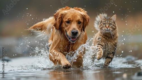 A dog running through shallow water while a cat climbs a nearby beach rock
