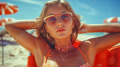 A woman in a bikini, sunbathing on a beach chair with sunglasses.