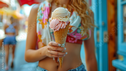 Summer fun. A woman enjoying an ice cream cone.