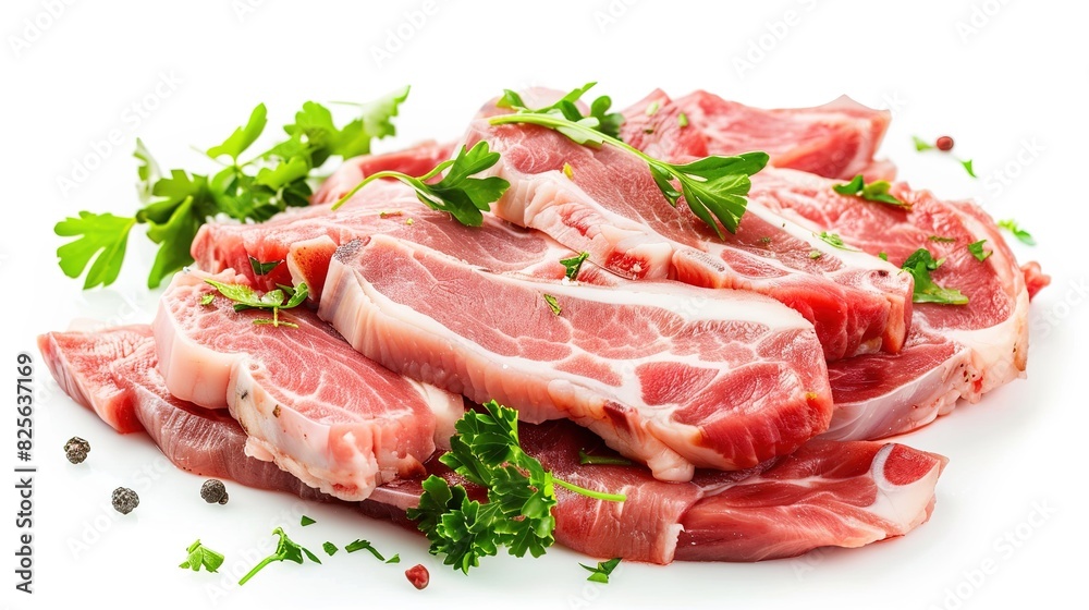 sliced raw pork meat isolated on white background