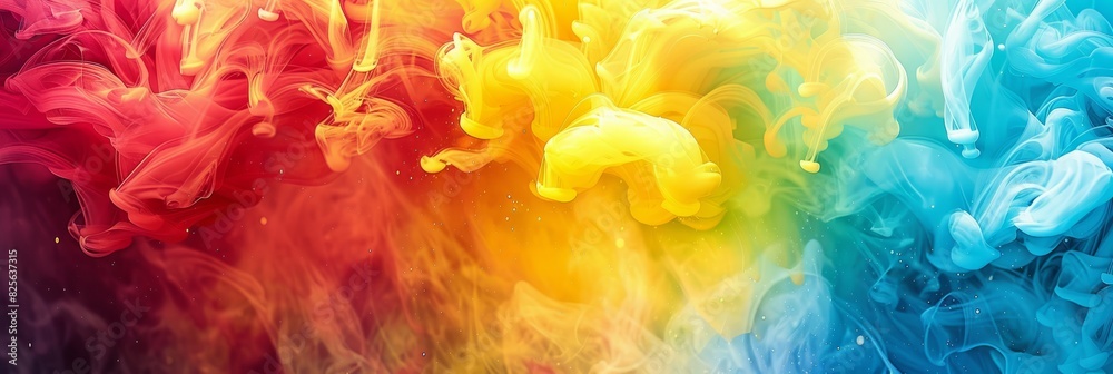 Color liquid ink splash abstract background rainbow art. Rainbow splash collage mix flow drip. Fluid wave color yellow, red, green, blue. Liquid ink palette motion