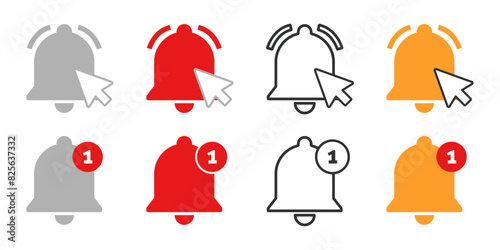 Notification bell click icon illustration set. Mouse cursor clicking to turn notification alerts on. Vector graphic element collection. 