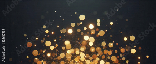 Partículas de brillo dorado fondo abstracto.Bokeh de partículas de brillo de luz dorada de Navidad sobre fondo negro marino. Concepto de vacaciones. Fondo abstracto con partículas de oro.	 photo