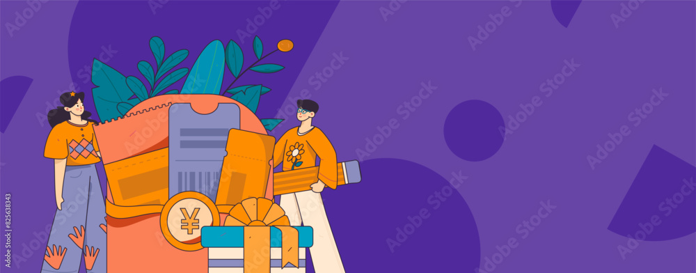 Naklejka premium Holiday shopping people doing e-commerce online shopping flat vector concept operation hand drawn illustration 