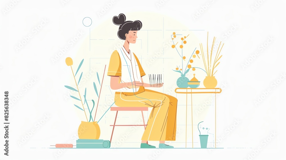 Acupuncturist in uniform flat design side view traditional medicine theme cartoon drawing Tetradic color scheme Acupuncturist in uniform flat design side view traditional medicine theme cartoon drawing Tetradic color scheme