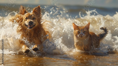 A dog running through the surf with a cat watching from the sand