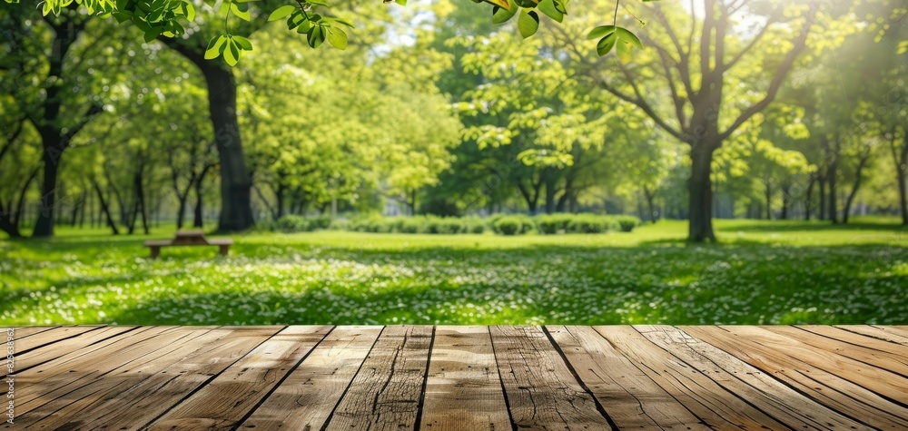 Wood table in spring park, green nature backdrop, product display, summer garden Wood table in spring park, green nature backdrop, product display, summer garden