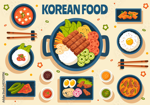 Korean Food Vector Illustration featuring a Set Menu of Various Traditional and Delicious National Dishes in a Flat Cartoon Style Background