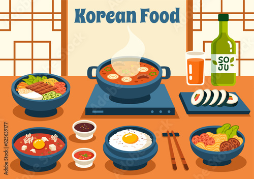 Korean Food Vector Illustration featuring a Set Menu of Various Traditional and Delicious National Dishes in a Flat Cartoon Style Background