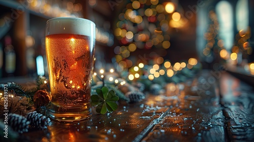 Pint of beer on bar with festive clovers and lights -Generative AI photo