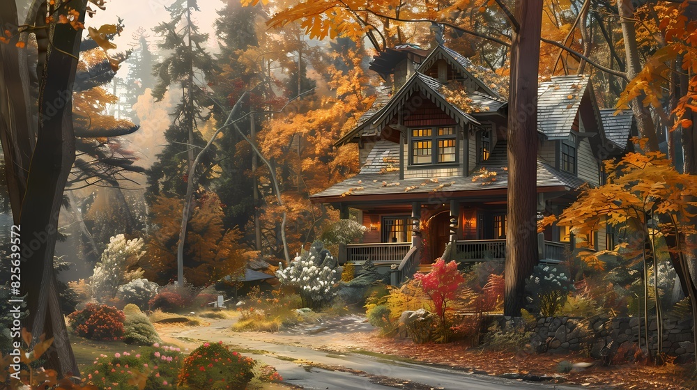 Paint a serene scene of a craftsman residence embraced by tall trees and a profusion of colorful foliage, capturing the essence of natural harmony and architectural elegance
