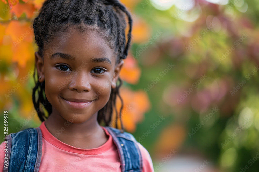 Happy Black Girl with Backpack Outside Ready for Back to School or Hiking Adventure Happy Black Girl with Backpack Outside Ready for Back to School or Hiking Adventure