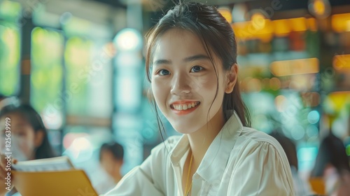 A Beautiful Young Asian Businesswoman Smiles As She Takes Notes At Her Desk, Demonstrating Focus And Diligence, High Quality