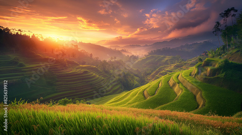 sunrise over the mountains and rice field
