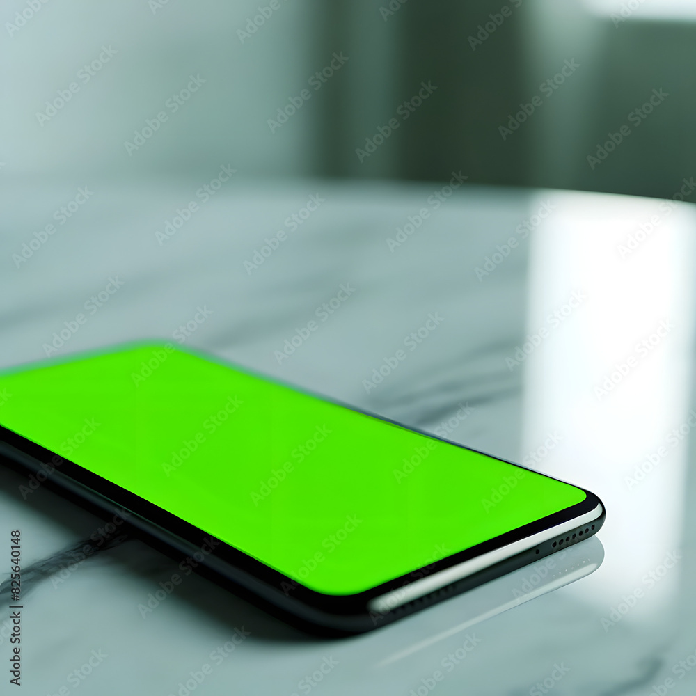 Smartphone with Green Screen on Table Surface Smartphone with Green Screen on Table Surface