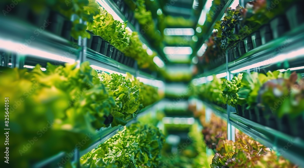 High-tech vertical farm with an array of grow shelves filled with green vegetables, representing the future of sustainable agriculture using technology for growing plants in indoor environments.
High-tech vertical farm with an array of grow shelves filled with green vegetables, representing the future of sustainable agriculture using technology for growing plants in indoor environments.