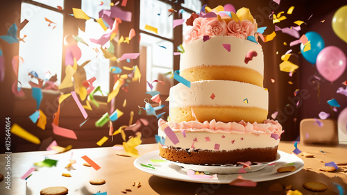 A photorealistic image of a birthday cake at a cozy home party on a bright afternoon, created using AI. Confetti and streamers fill the air.