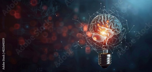 Brain inside light bulb, electrical circuits, knowledge and power, conceptual design photo