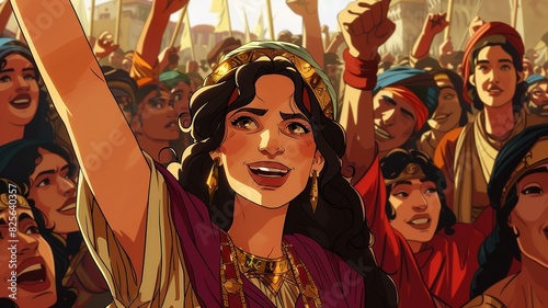 Experience the heartwarming cartoon where Queen Esther rallies her people with words of encouragement and unity in the face of a looming threat. Standing before a concerned crowd, her presence exudes  © Roberto