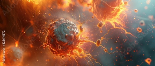 Illustration of cancer cells engulfed in flames and smoke, depicting the destructive nature of the disease in the human body #825640372