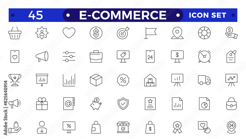 E-commerce outline icon set. Online shopping and delivery elements.E-Commerce set of in-line style. for mobile apps. Business, shop, digital marketing, bank card, gifts, sale, delivery,money,discount