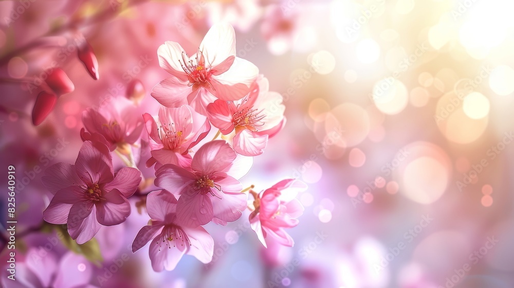 Pink cherry blossoms on a light background, spring nature, abstract light, spring season, closeup, generative ai