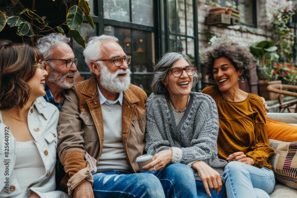 Group of senior friends talking and laughing while sitting on a sofa in a cafe Group of senior friends talking and laughing while sitting on a sofa in a cafe