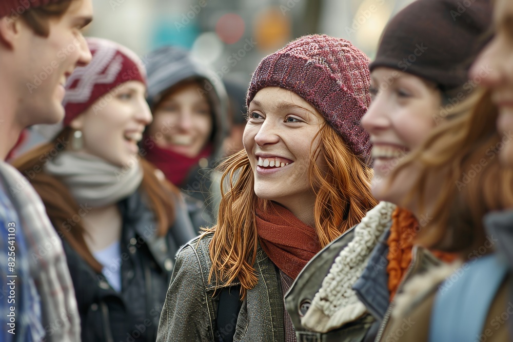 Group of young people walking in the street, smiling and looking at each other Group of young people walking in the street, smiling and looking at each other