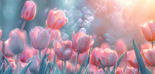 Field of pink tulips, spring background, nature closeup, light backdrop, Womens Day, 8 March, generative ai #825641166