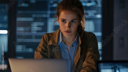 A Concerned Female Worker Looks At A Laptop Screen Suspiciously, Highlighting Problem-Solving Skills And Attention To Detail, High Quality
