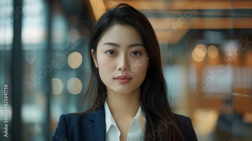 A Confident Asian Businesswoman Works In A Modern Office, Maintaining Eye Contact With The Camera, Exuding Professionalism, High Quality © PixelAI
