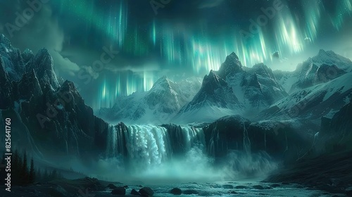 Scenic view of rocky mountains with waterfall near river under northern lights - Generative Ai photo