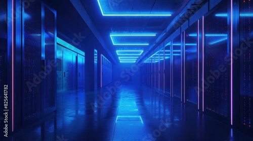 Futuristic Data Center with Rows of Servers and Blue Lights Illuminating Long Hallway in Technology Hub