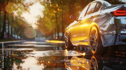 Fototapeta Naklejka Na Ścianę i Meble -  Perspective angle of a wheel car, A sedan car standing beautifully in the warm sunlight summer, Close up view from the road level from the wheel of the car