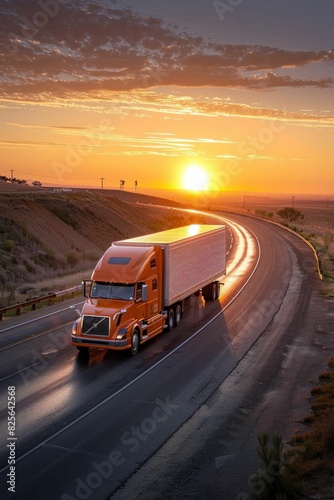 Semi truck traveling on the road at sunset with golden sunlight in the background