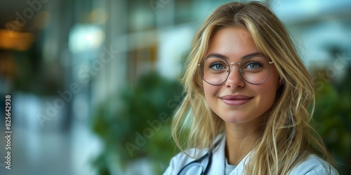 A blonde female doctor is smiling in front of her clinic, conveying professionalism and approachability in a healthcare setting.