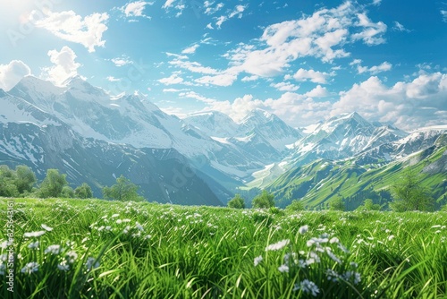 3d rendering of a sunny alpine meadow with lush grass and distant snowy mountains - generative ai © Nia™