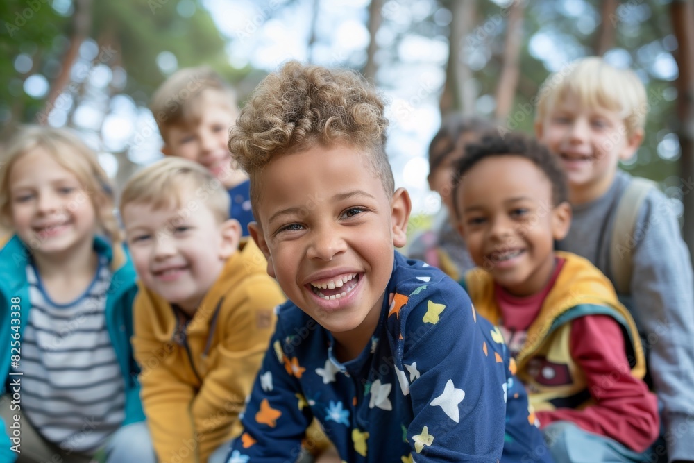 Portrait of smiling boy with group of children on background in forest Portrait of smiling boy with group of children on background in forest