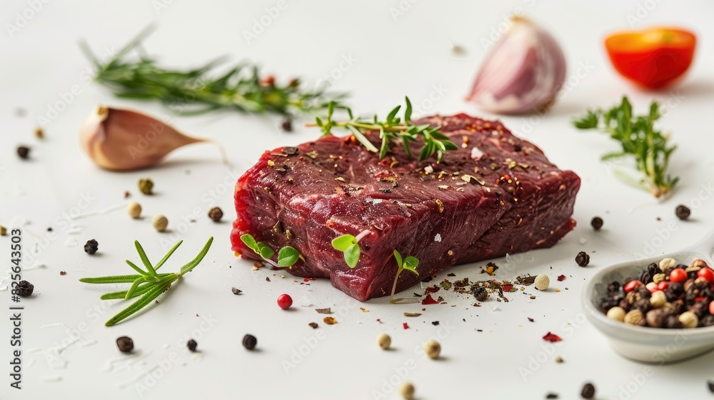 Juicy beef steak with spices and herbs on a white surface