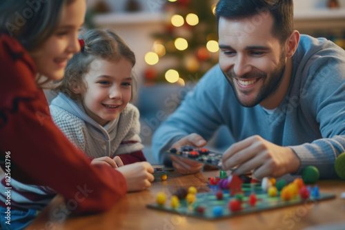 Family game night during the holidays with a joyful father and children playing a board game by the Christmas tree