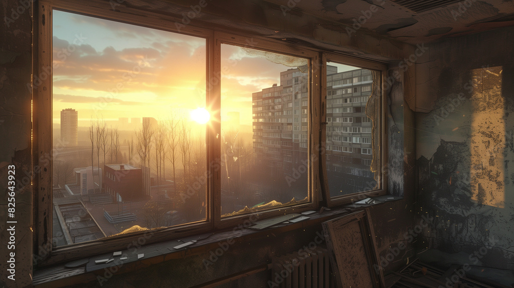 Fototapeta premium View of urban sunrise through broken window of abandoned building with cityscape in background