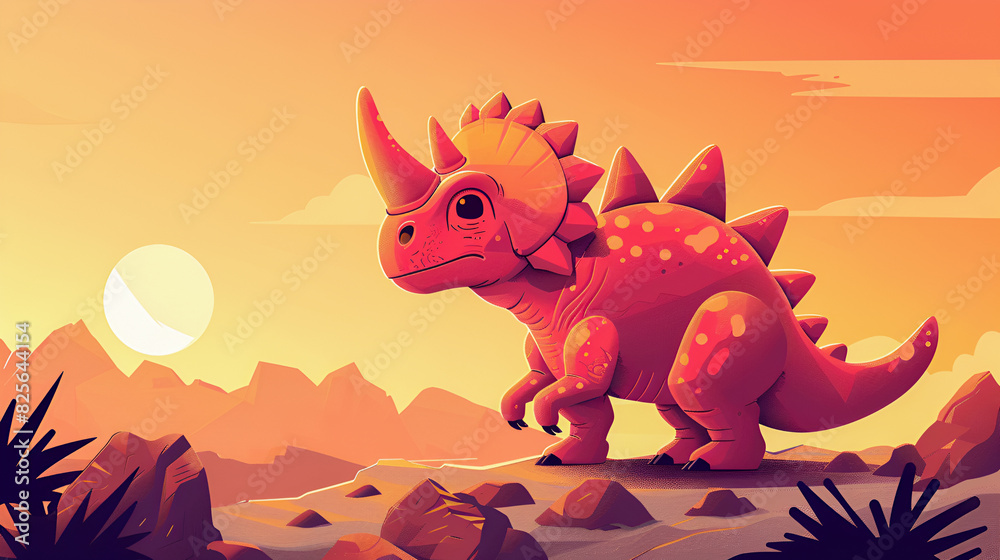 Whimsical Cartoon Dinosaur Enchants in Pink Desert Sunset Whimsical Cartoon Dinosaur Enchants in Pink Desert Sunset