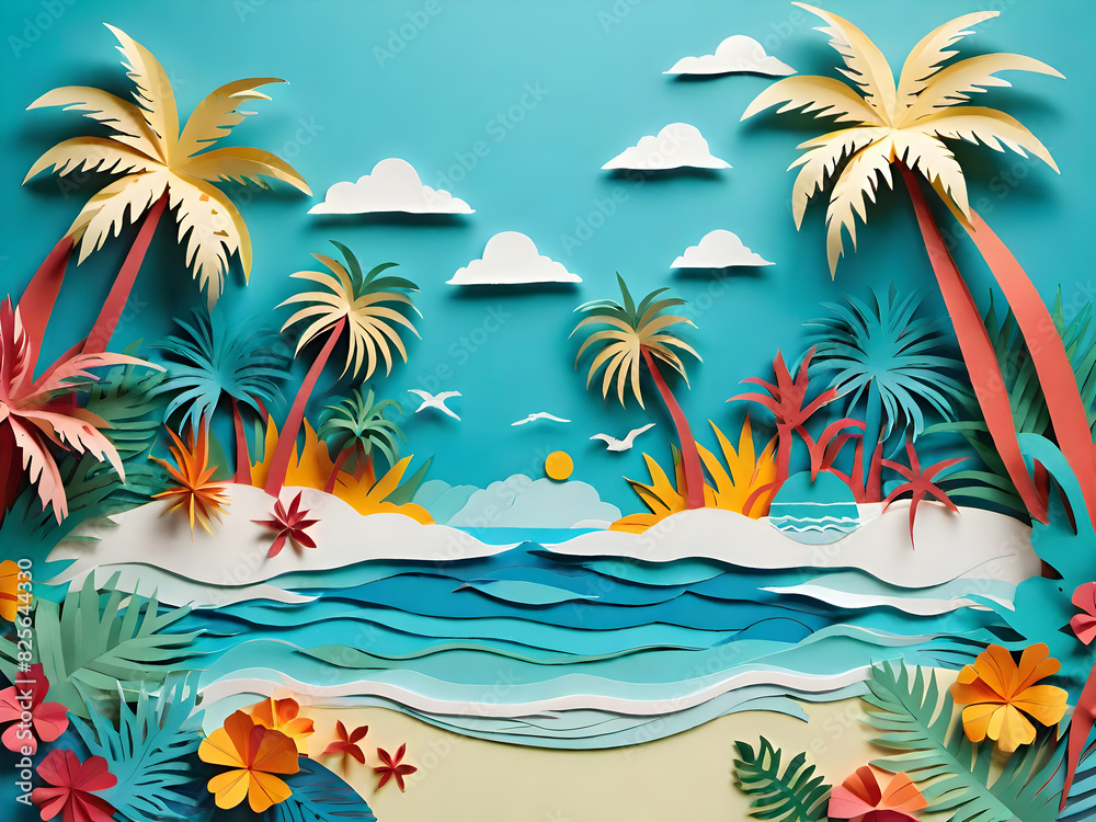 Paper art tropical beach