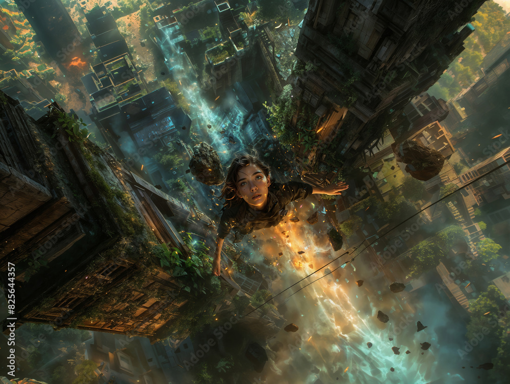 Female Adventurer Freefalling Through Futuristic Cityscape with Dynamic Lighting Effects