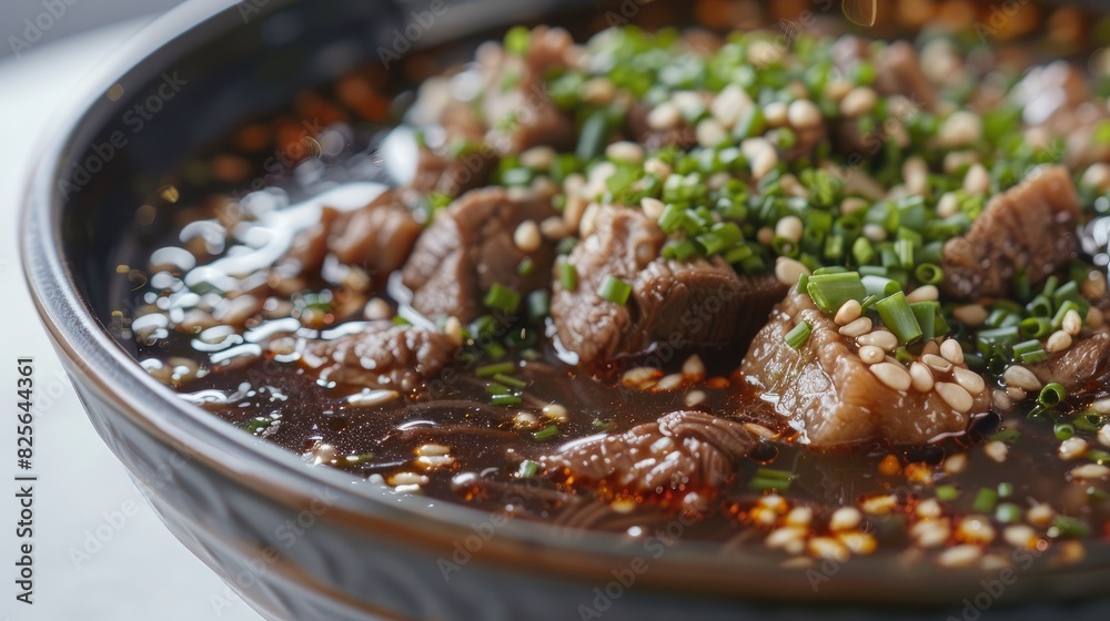 Close up of a bowl of pork blood soup with grains and chives on a white surface Close up of a bowl of pork blood soup with grains and chives on a white surface