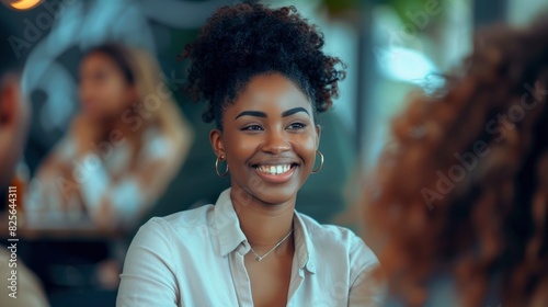A Mid-Adult Female Social Worker Smiles Warmly As She Converses With Her Colleagues, Fostering A Supportive And Positive Work Environment, High Quality