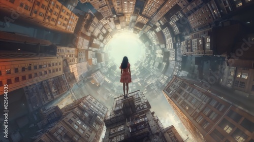 Surreal Urban Scene with Woman Standing on Rooftop in Twisted Cityscape