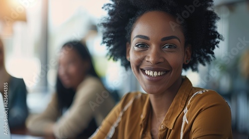 A Mid-Adult Female Social Worker Smiles Warmly As She Converses With Her Colleagues, Fostering A Supportive And Positive Work Environment, High Quality