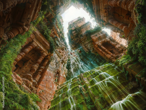 Woman Floating Amidst Ancient Architecture Featuring Waterfall and Lush Greenery in Sunlit Ruins